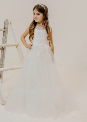 Beaded Ivory Lace Tulle Flower Girl Dress Communion Dress
